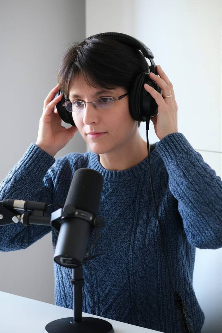 Jennifer Charvolin, casque sur les oreilles, devant un micro de studio